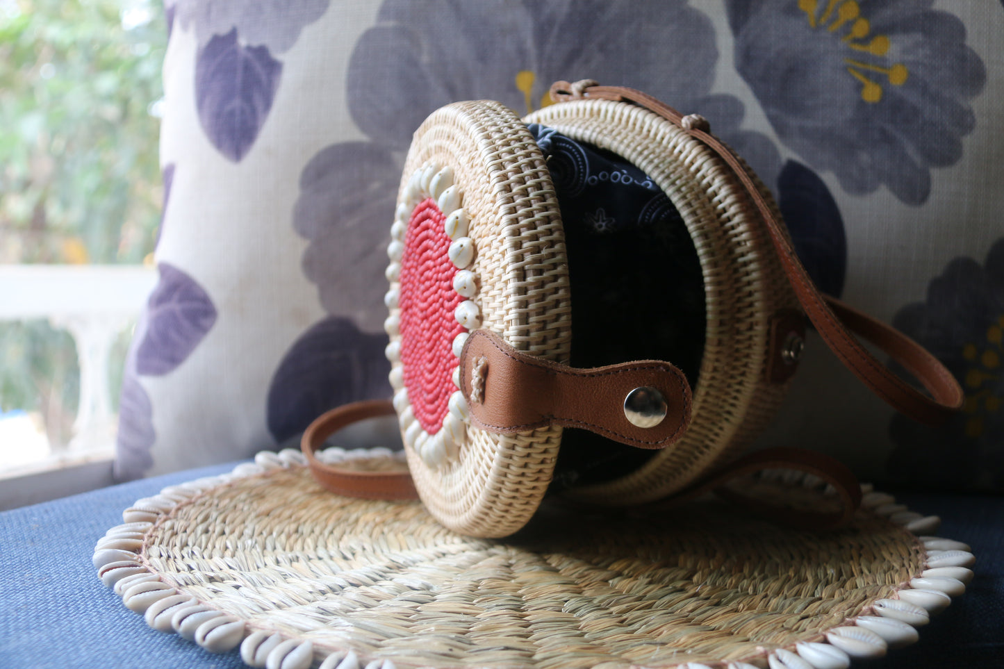 Cambodian handmade bag from Rattan plant cover with turquoise stone and 100% leather solder.