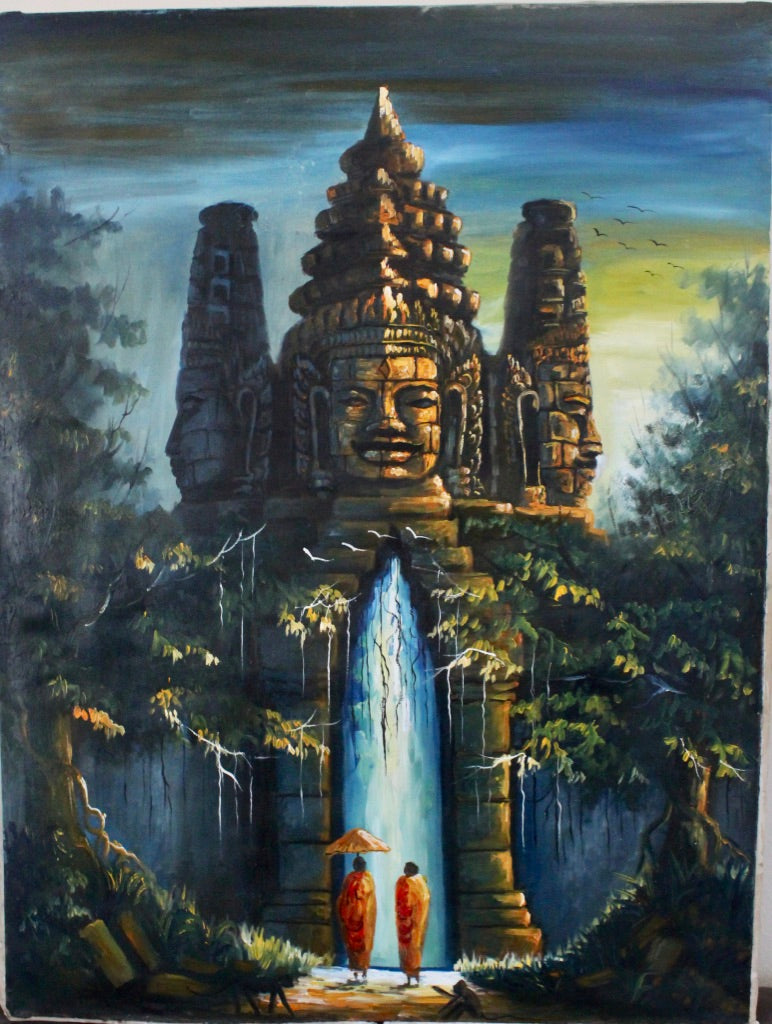 painting oil on canvas Asia Cambodia Angkor Prey Prom Oil Painting Angkor Thom gate Paint Cambodian art. 60cm x 80cm( 23''x31")