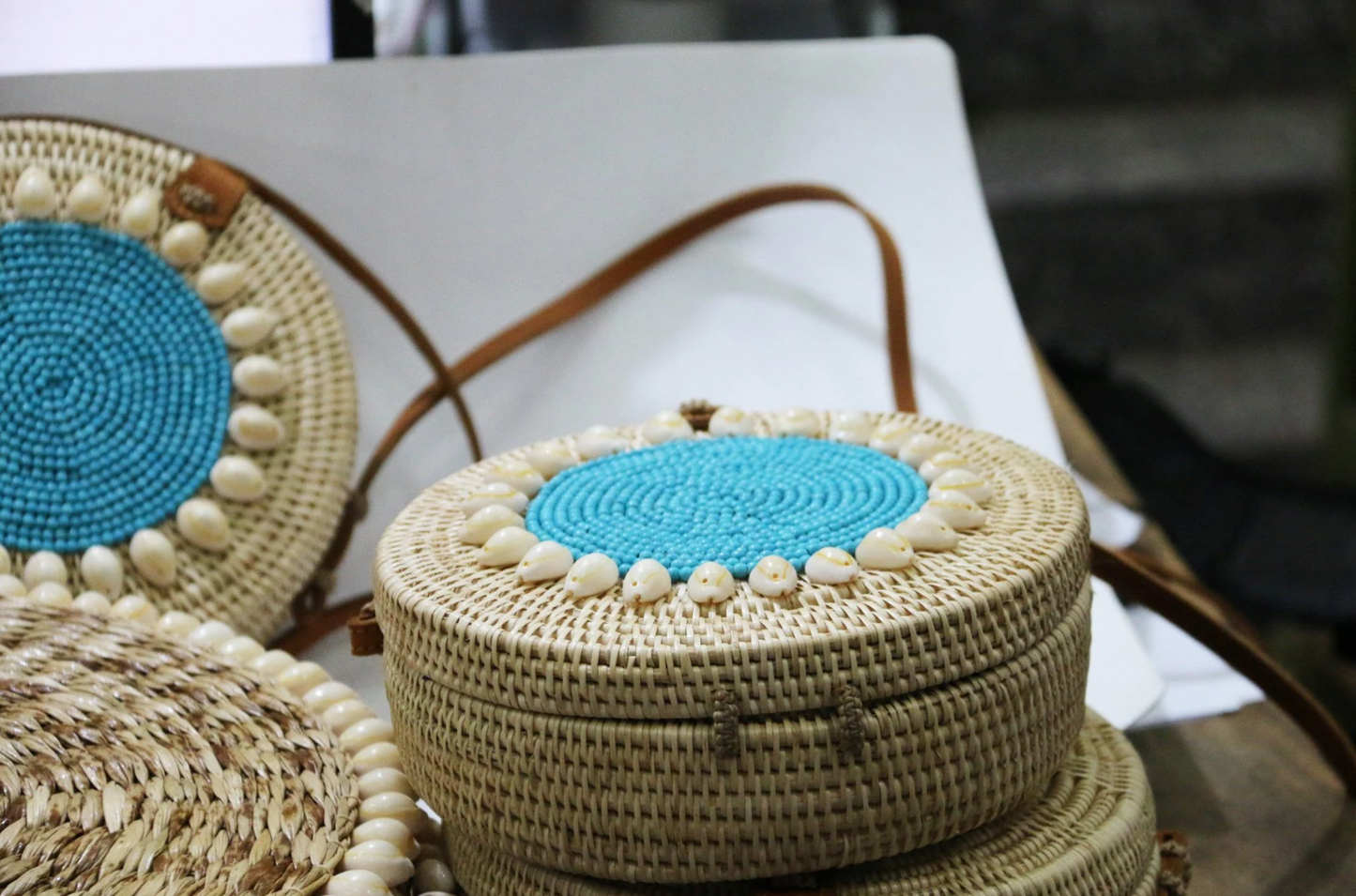 Cambodian handmade bag from plant cover with stone and 100% leather solder.