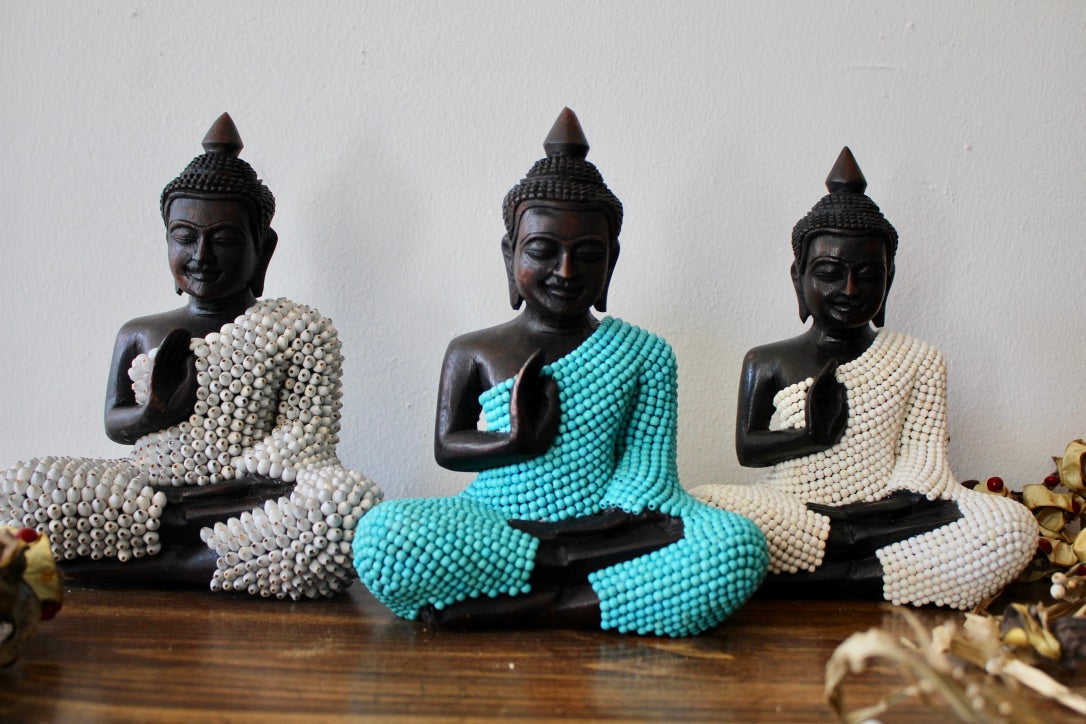 Buddha handcrafted from wood wooded buddha statue cover with white turquoise Buddha Statue wood crafted statue Cambodian hand carved Asien god Teaching buddha statue