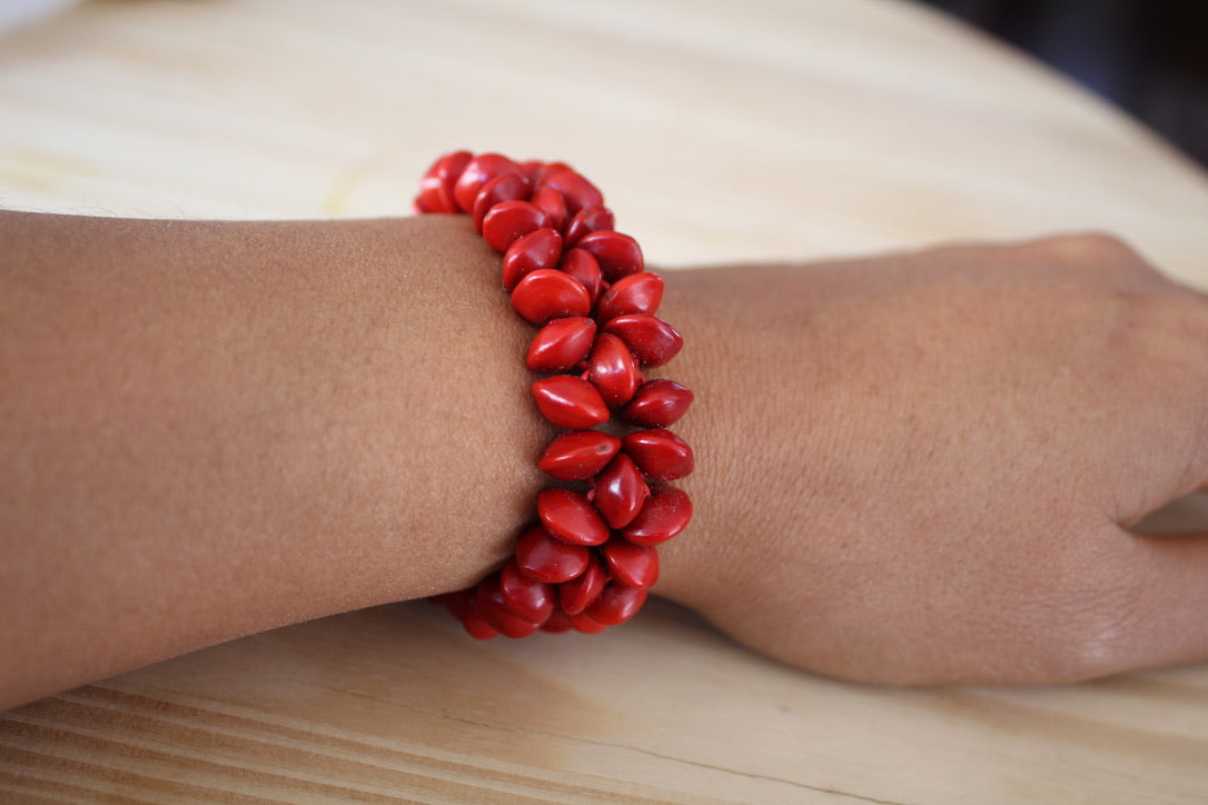 Red Bracelets from Red Rondel seeds, Flower design Bracelet Red natural bracelet 100% natural color Hand made seed bracelet. size 7''
