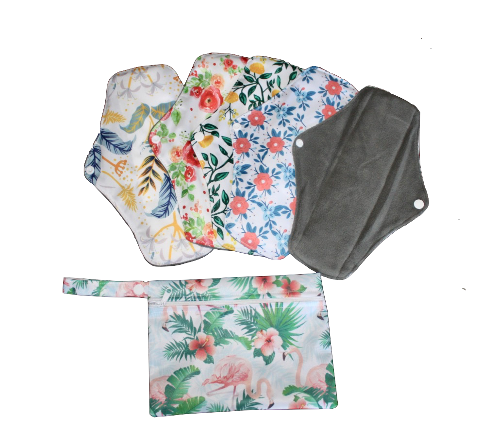 A set of Period pads 5pads + 1 wet bags for regular flow and light flow menstrual pads washable and reusable size 10'' long ans 7"width women's pads