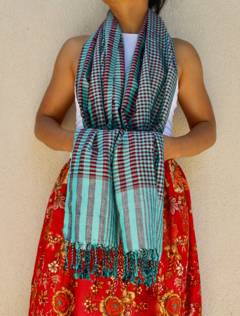 Green kroma khmer gift high quality Handmade Scarves Cambodian Kroma form Cotton khmer Kroma size 24'' by 65''.