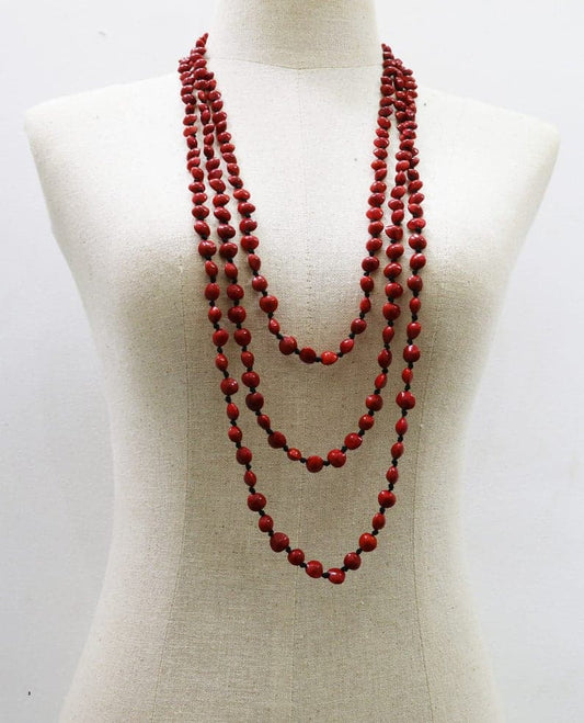 Red Rondel, Lucky Jewelry, Red Necklace, Cambodian seed necklace  (Red Jambei seed) 3 rime long necklace