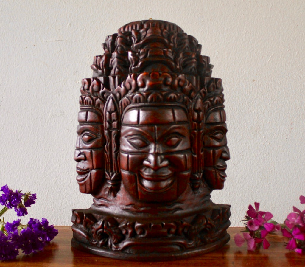 A set of 2 Wooden Proum Face Cambodian made from wood hands carved  Bayon Statue Khmer Wooded Proum  Bayon Face 6.5'' width and 10" tall.