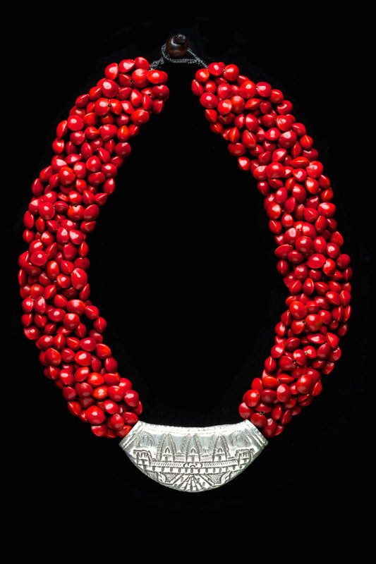 Red seeds Cambodian seed necklace with Ankorwat design silver  (Red Jambei seed)