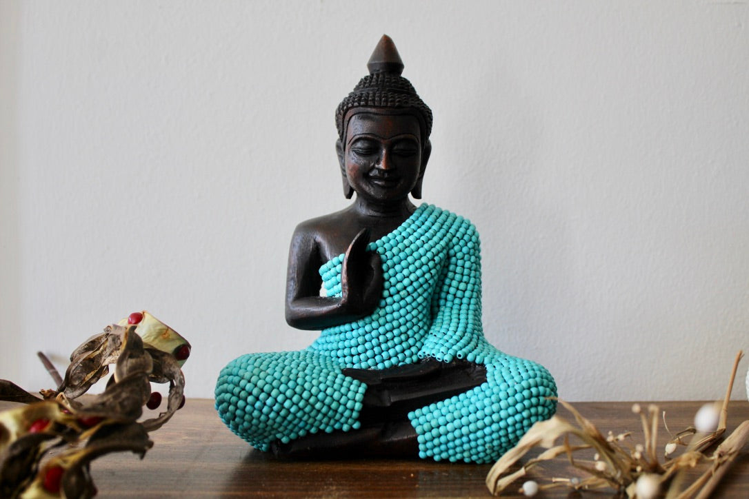 Buddha Cambodian Buddha carved from wood Wooden Buddha wearing turquoise  stone.He is 8 inches height and 6 inches width at knees.