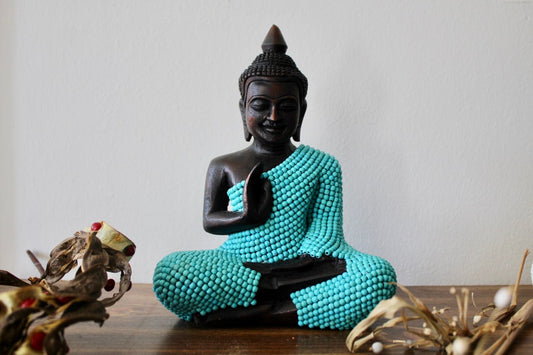 Buddha Cambodian Buddha carved from wood Wooden Buddha wearing turquoise  stone.He is 8 inches height and 6 inches width at knees.