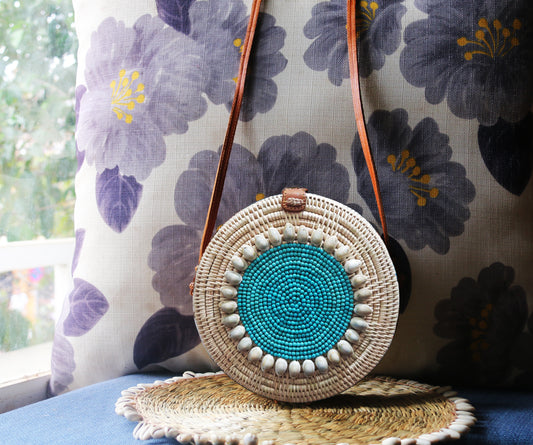 Cambodian handmade bag from plant cover with stone and 100% leather solder.