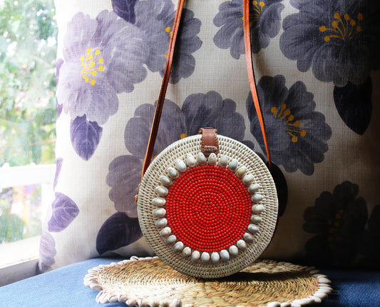 Cambodian handmade bag from Rattan plant cover with turquoise stone and 100% leather solder.