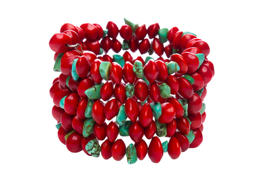 Red seed bracelet Cambodian Jewelry, Khmer New Year gift,Red Rondel ,Red Cambodian seed bracelet coil with turquoise stone (Red Jambei seed)