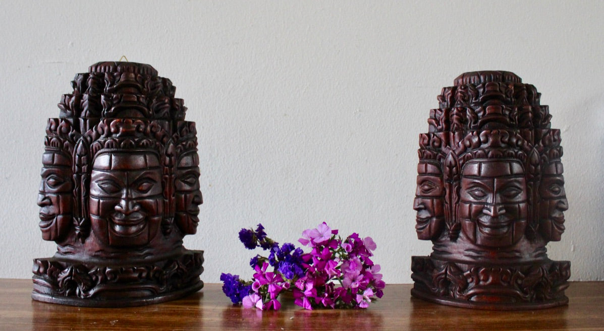 A set of 2 Wooden Proum Face Cambodian made from wood hands carved  Bayon Statue Khmer Wooded Proum  Bayon Face 6.5'' width and 10" tall.