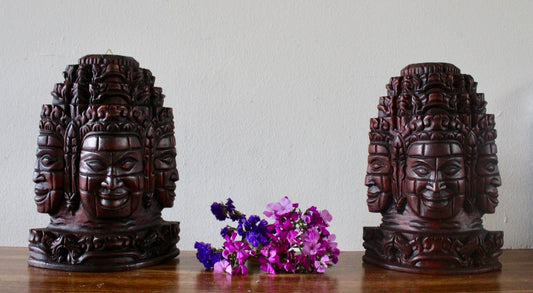 A set of 2 Wooden Proum Face Cambodian made from wood hands carved  Bayon Statue Khmer Wooded Proum  Bayon Face 6.5'' width and 10" tall.
