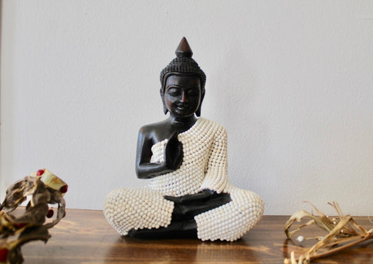 Buddha handcrafted from wood wooded buddha statue cover with white turquoise Buddha Statue wood crafted statue Cambodian hand  carved Asien god Teaching buddha statue