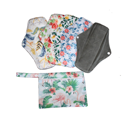 A set of Period pads 5pads + 1 wet bags for regular flow and light flow  menstrual pads washable and reusable size 10'' long ans 7"width women's pads