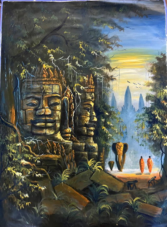 Painting Oil painting on cloth Khmer  temple painting , Angkor Wat and bayon Angkor Thom  painting Cambodian art. size 80Cm X 60cm ( 31.4"x23.6")